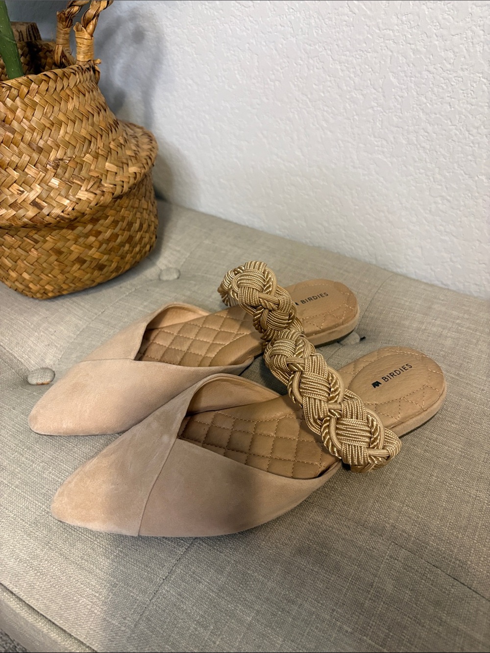Birdies The Swan Bracelet Mule Tan Suede Braided Strap Flats 7
